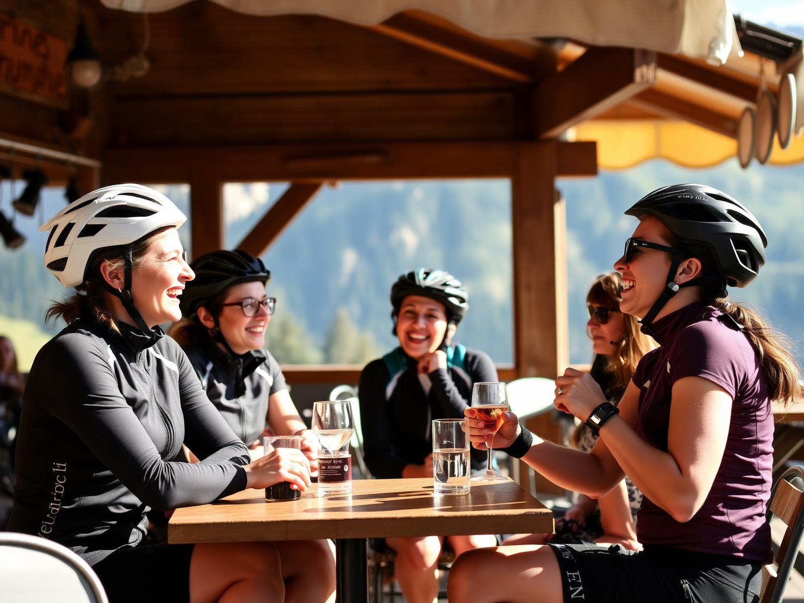 Women laughing together at a mountain café after cycling